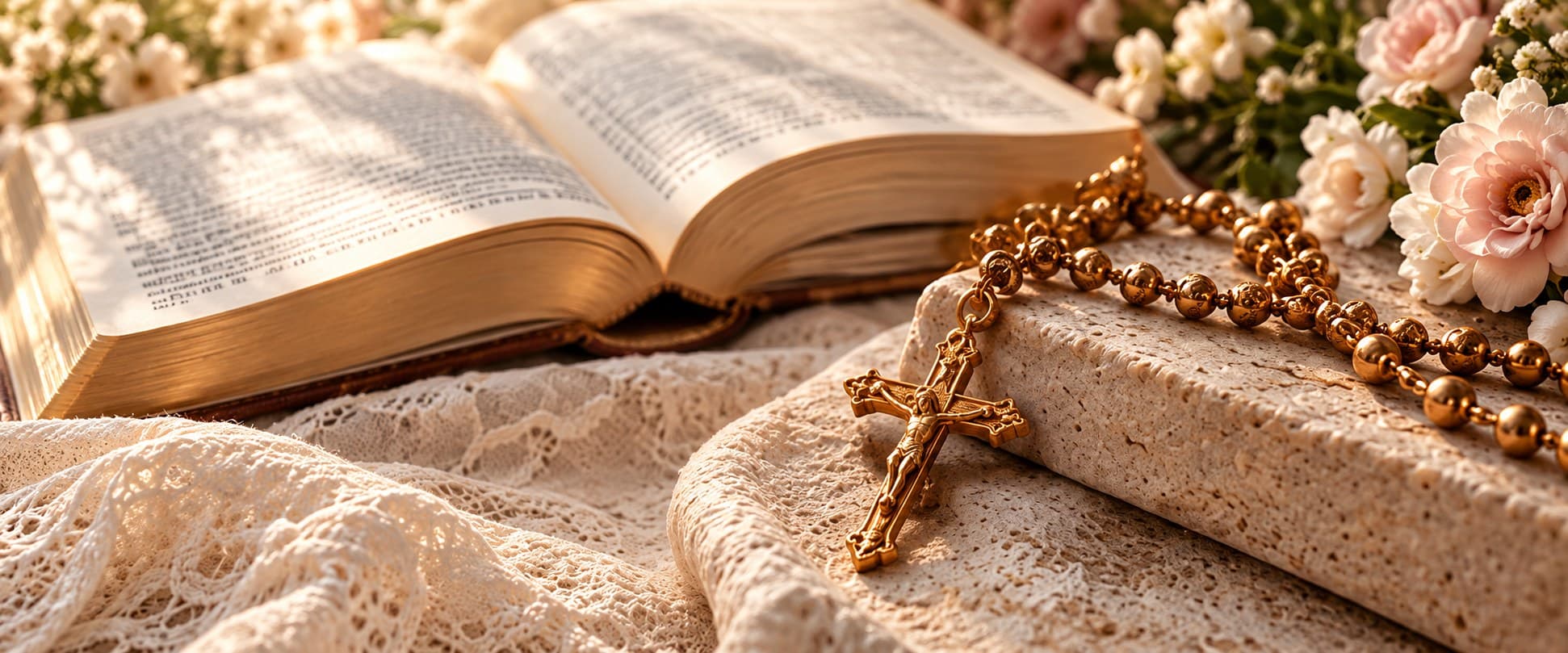 An open Bible and a gold rosary resting on stone and lace beside pink and ivory flowers